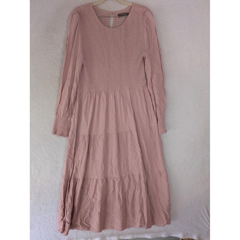 Zesica Maxi Dress Women's XL Dusty Rose Smocked Tiered Long Sleeve Crew Neck